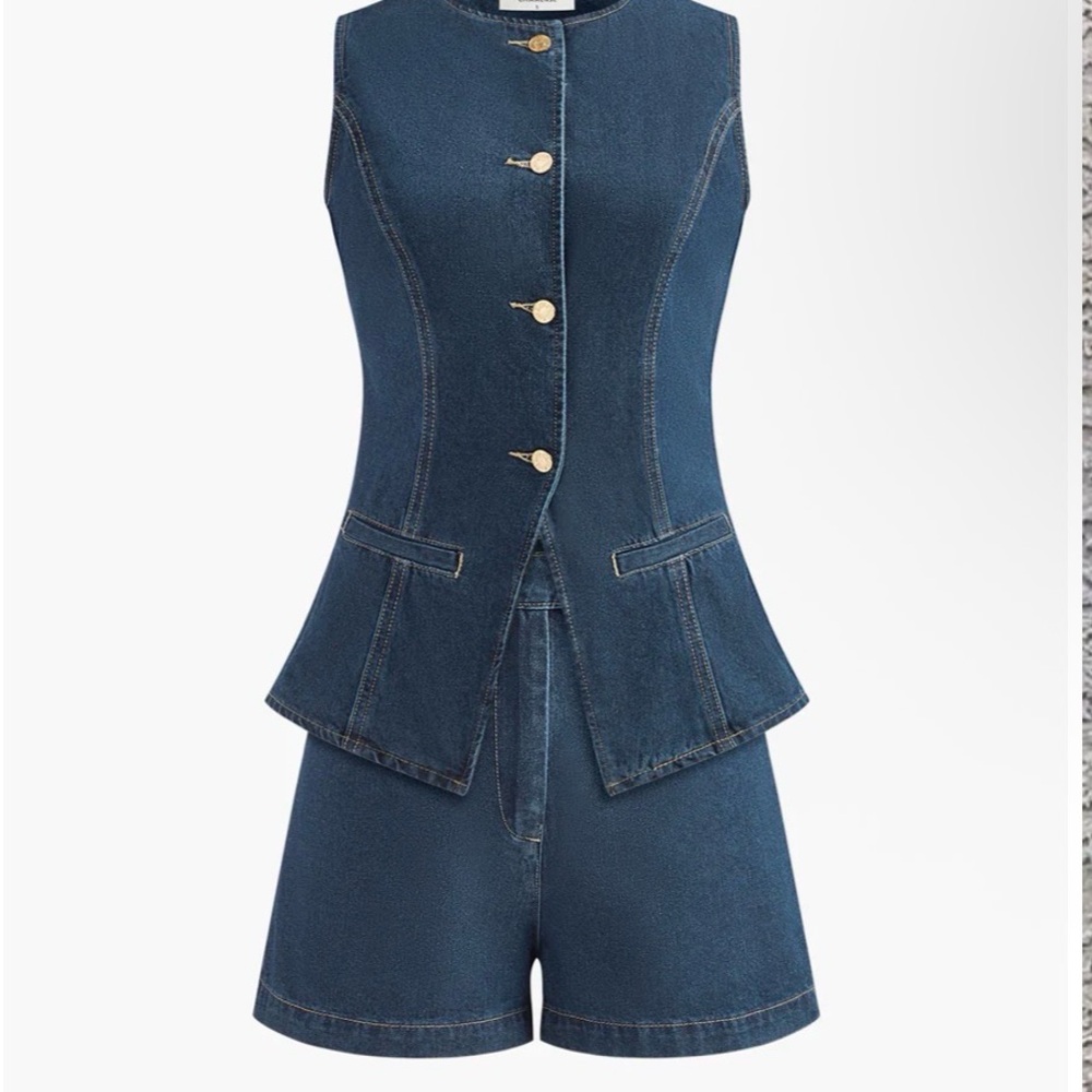 Commense Denim Peplum Vest With Shorts Set